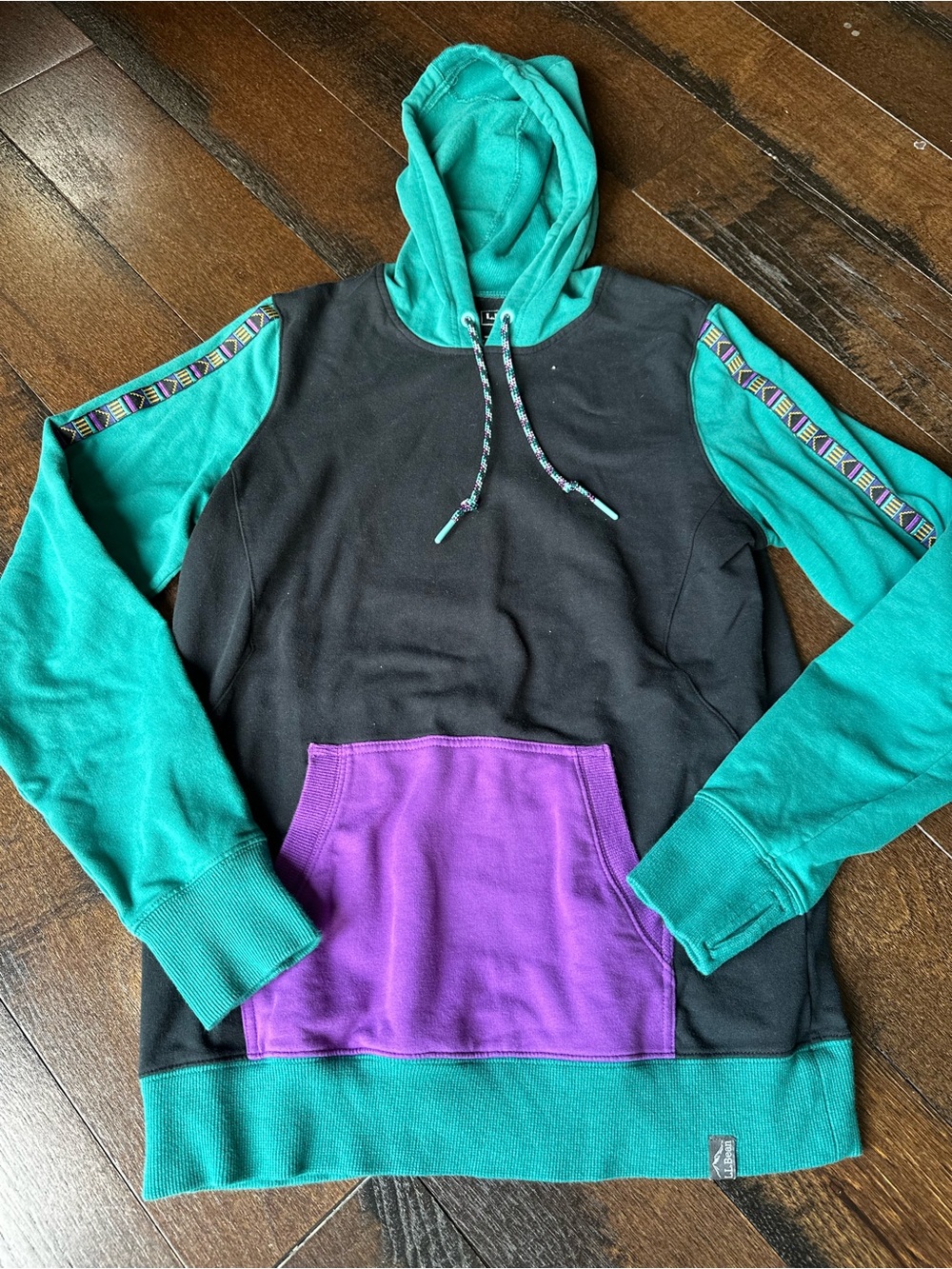 LL Bean Hoodie Black Green Colorblock Aztec Tribal Trim Fleece Womens S